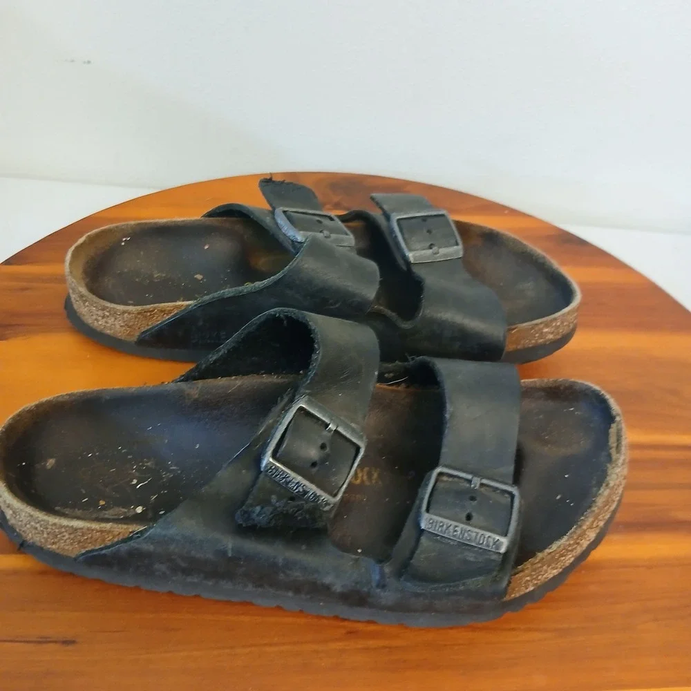 Birkenstock Arizona Sandals Mens 39 W8 M6 Black Leather‎ Double Strap Slides
